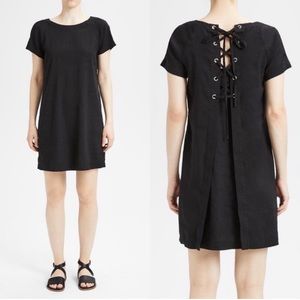 THEORY Women's Lace Back Raglan Dress Short Sleeve Black Lace Up Linen Sz 6